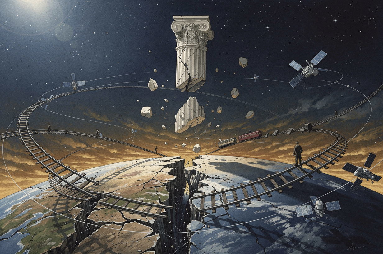 Editorial illustration for: Space Weapons, Sabotaged Rails, and Surging Bond Yields: A World Testing Its Institutions