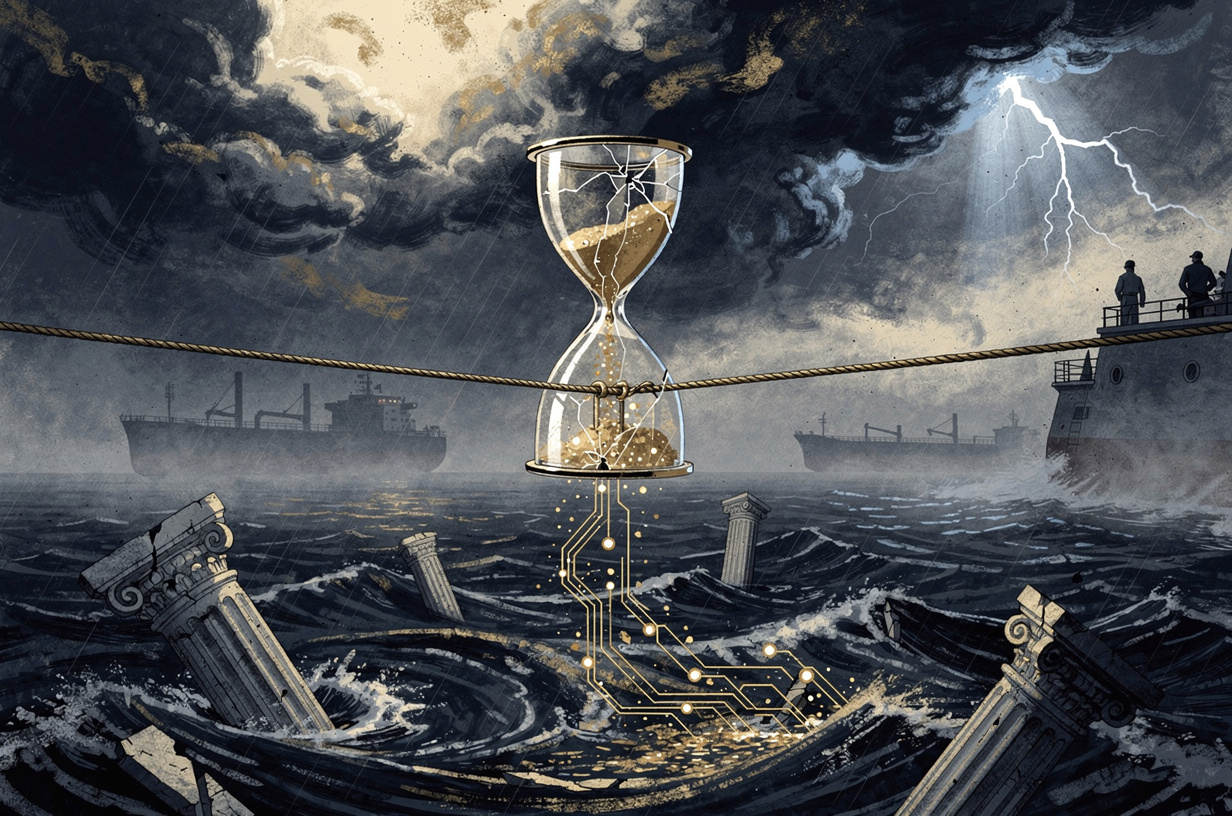Editorial illustration for: Gulf Crisis, Senate Earthquake, and AI Economics Collide in a Week of Cascading Shocks