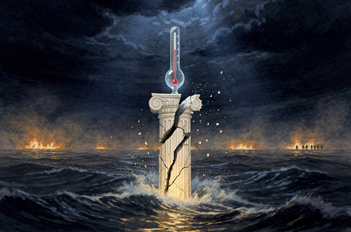 Editorial illustration for: Inflation Cools to 18-Month Low as Persian Gulf Burns and American Institutions Fracture