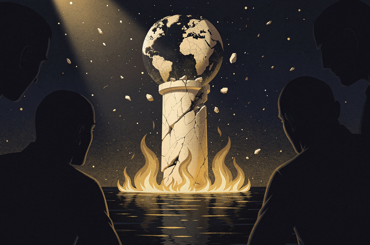 Editorial illustration for: Two American Troops Dead, Iran Strikes Allied Bases, and a Week That Tests Every Pillar of Global Order