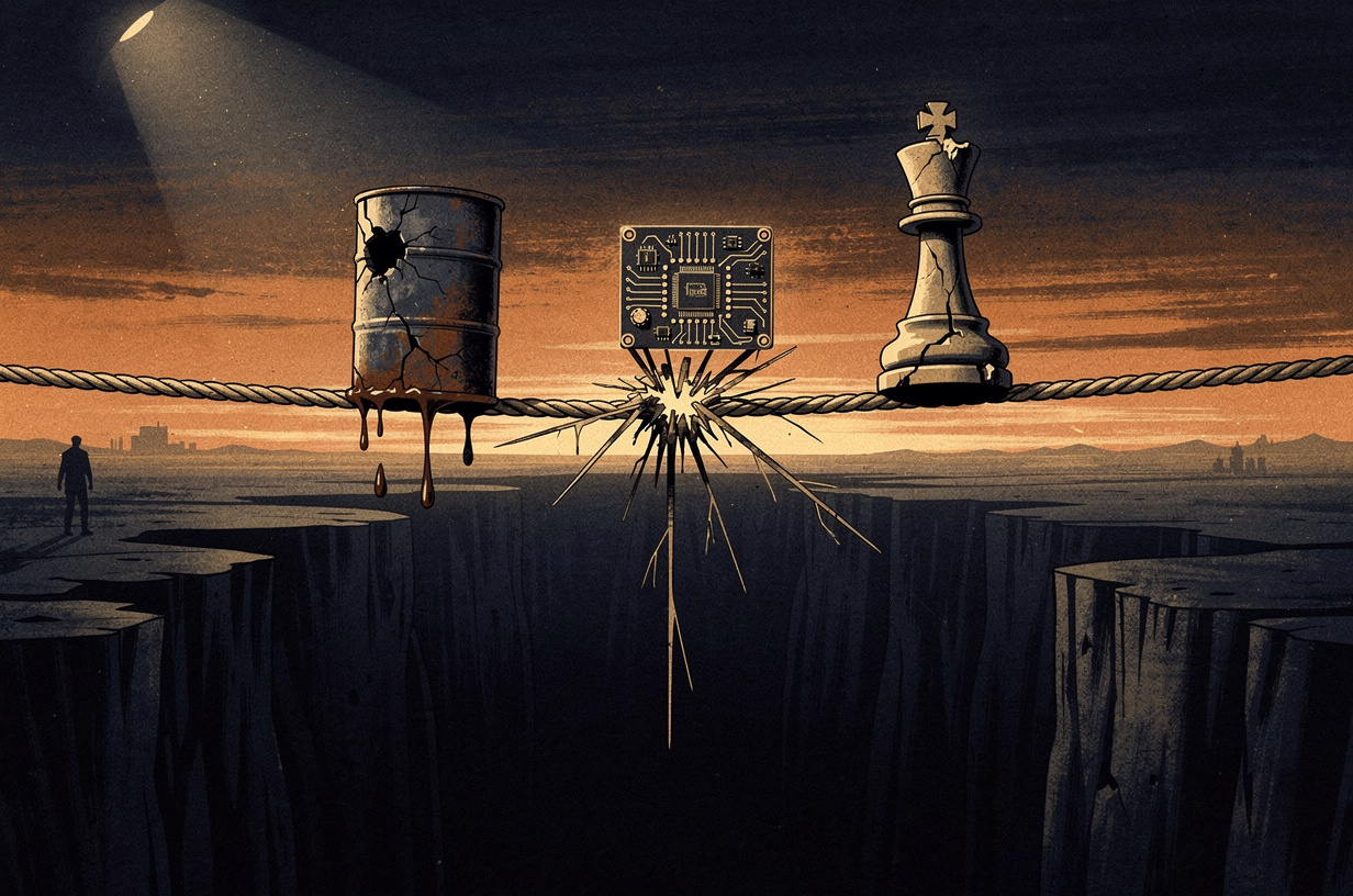 Editorial illustration for: From Iran's Brink to AI's Fault Lines: A World Running Low on Slack