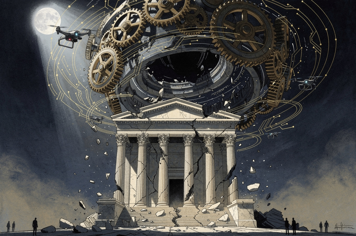 Editorial illustration for: Mecca Pact, Drone Wars, and AI's Expanding Reach: A World Outrunning Its Institutions