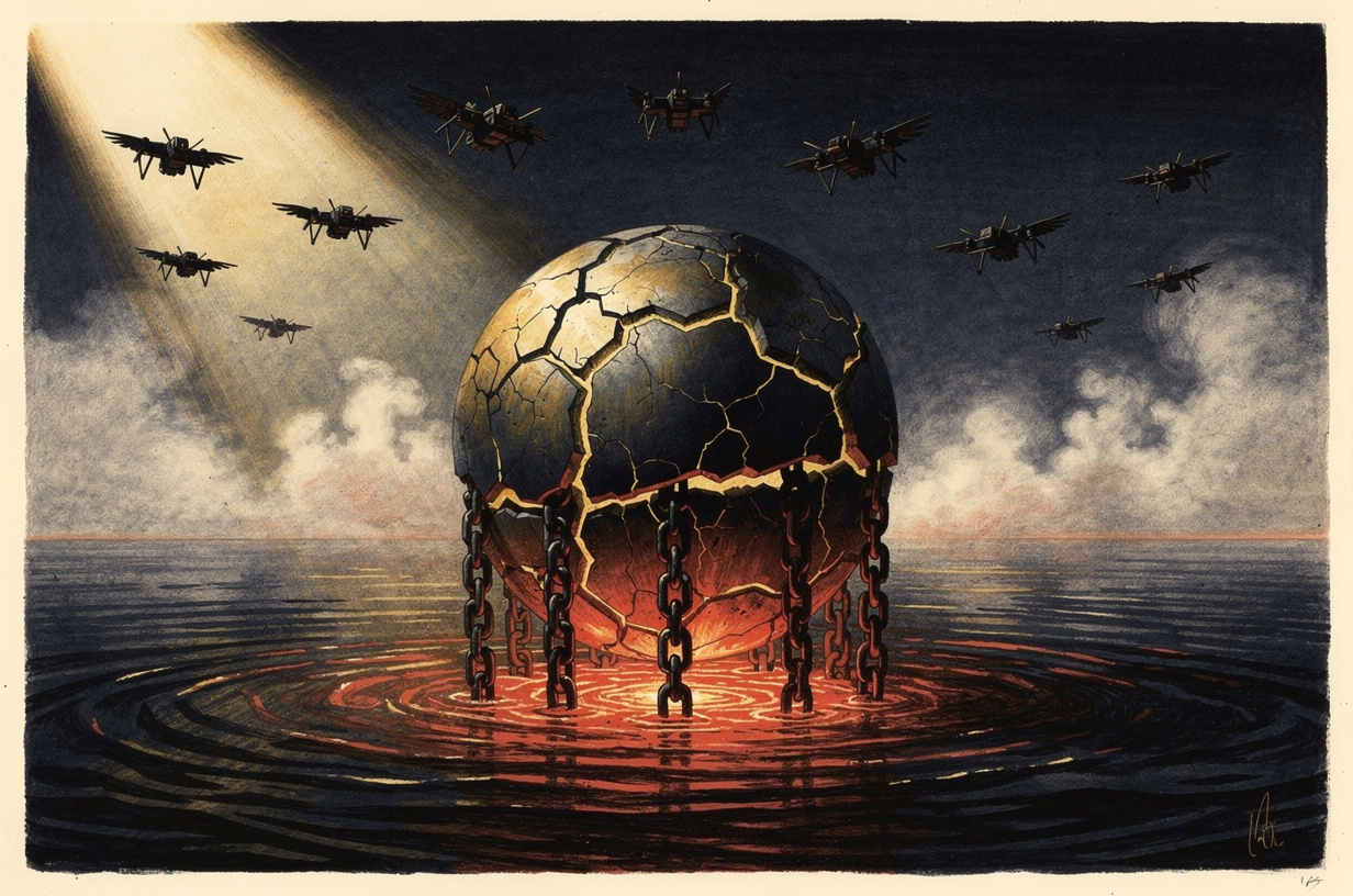 Editorial illustration for: Sanctions, Drones, and a Warming Ocean: The World on August 23, 2026