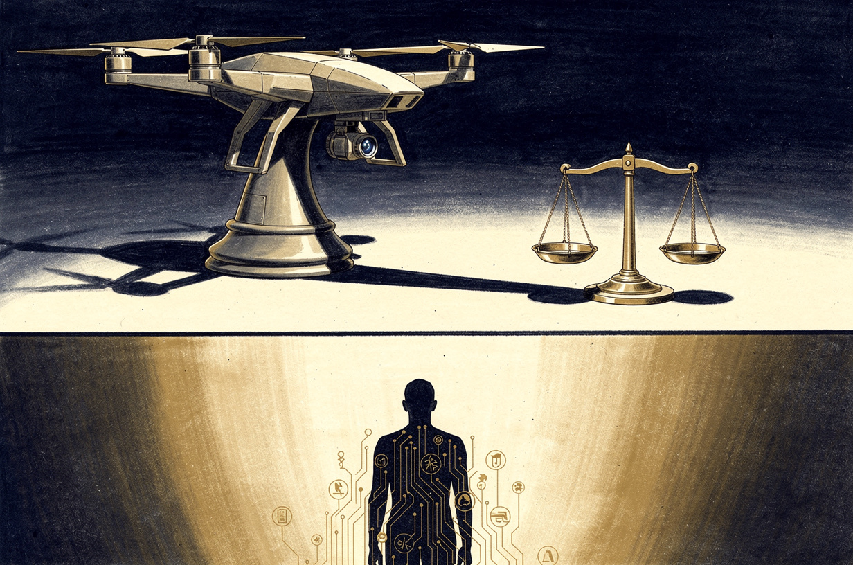 Editorial illustration for: Autonomous Drones, Autopsy Findings, and AI's $60 Billion Moment: The Week's Defining Collisions of Power and Technology
