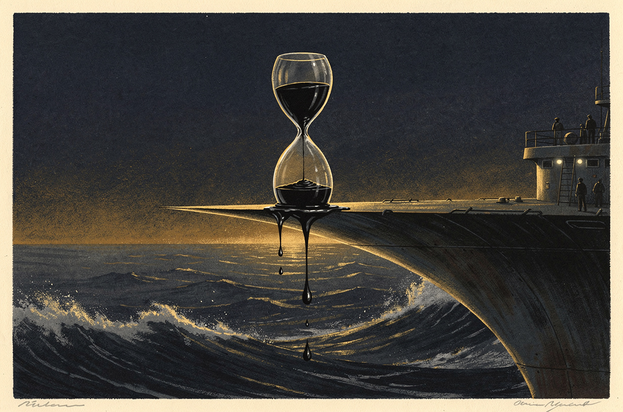 Editorial illustration for: Hormuz on Edge: Oil Spikes, Missiles Fly, and the World Holds Its Breath