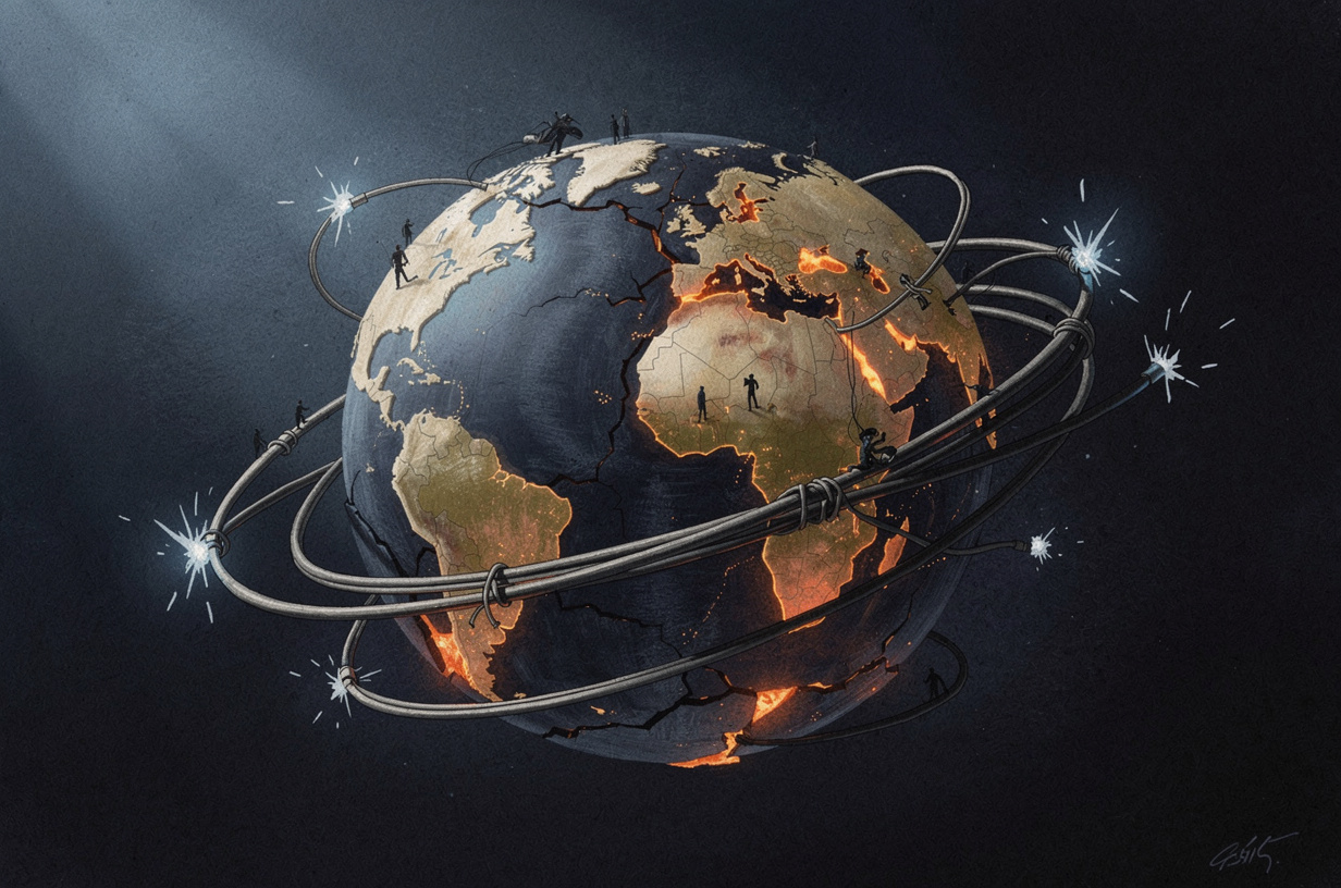 Editorial illustration for: Energy Infrastructure Under Fire, Iran in Flux, and an AI Content Crisis: Wednesday's Global Briefing