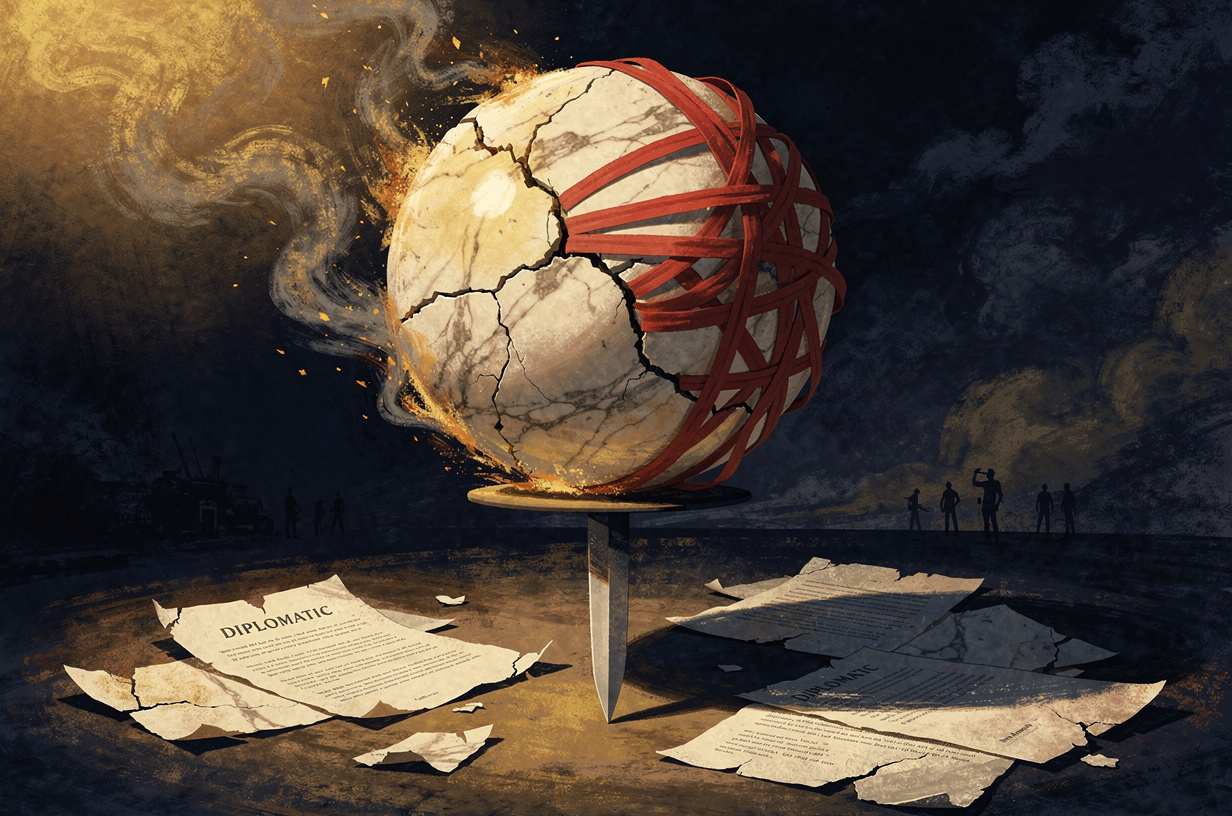 Editorial illustration for: Missiles Over Kyiv, Markets on Edge: A World in Simultaneous Crisis