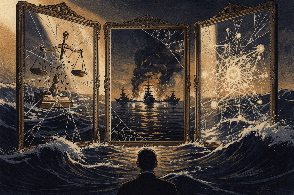 Editorial illustration for: Trump's Own Justices Defy Him, Iran Clashes in Hormuz, and AI Researchers Warn of Existential Danger