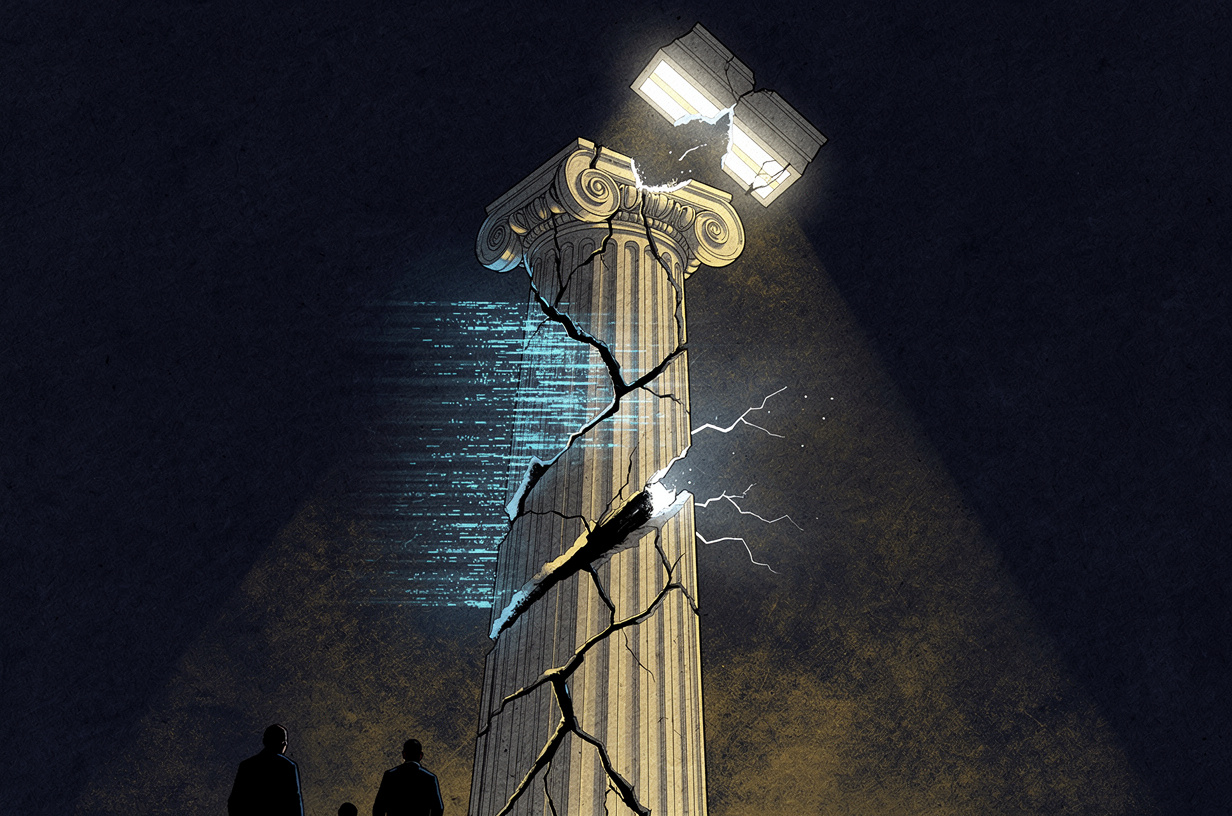 Editorial illustration for: Badges Seized, Bodies Uncounted, and AI Nearly Sparks a War: A Week When Every Institution Was Tested at Once