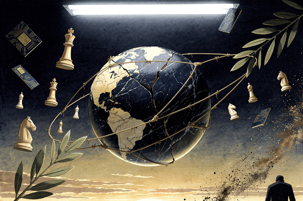 Editorial illustration for: A World Under Stress: Wartime Diplomacy, AI Governance, and Fracturing Institutions Define a Turbulent Week
