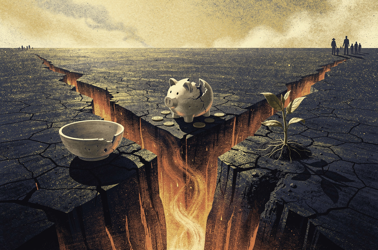 Editorial illustration for: Fires, Food Insecurity, and a $8.1 Billion Bond Question: San Diego Faces a Monday of Hard Tradeoffs