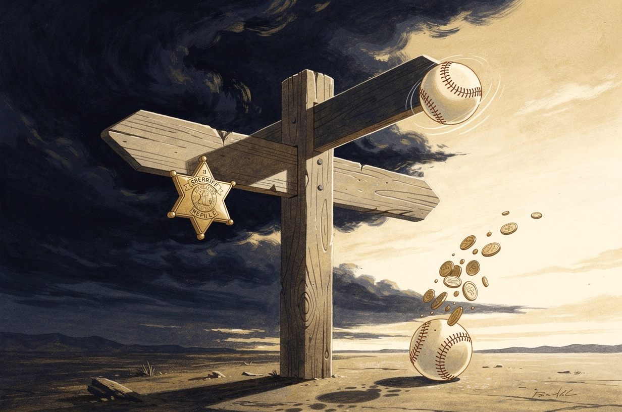 Editorial illustration for: San Diego at a Crossroads: Playoff Math, Economic Contradictions, and a Sheriff Who Won't Back Down