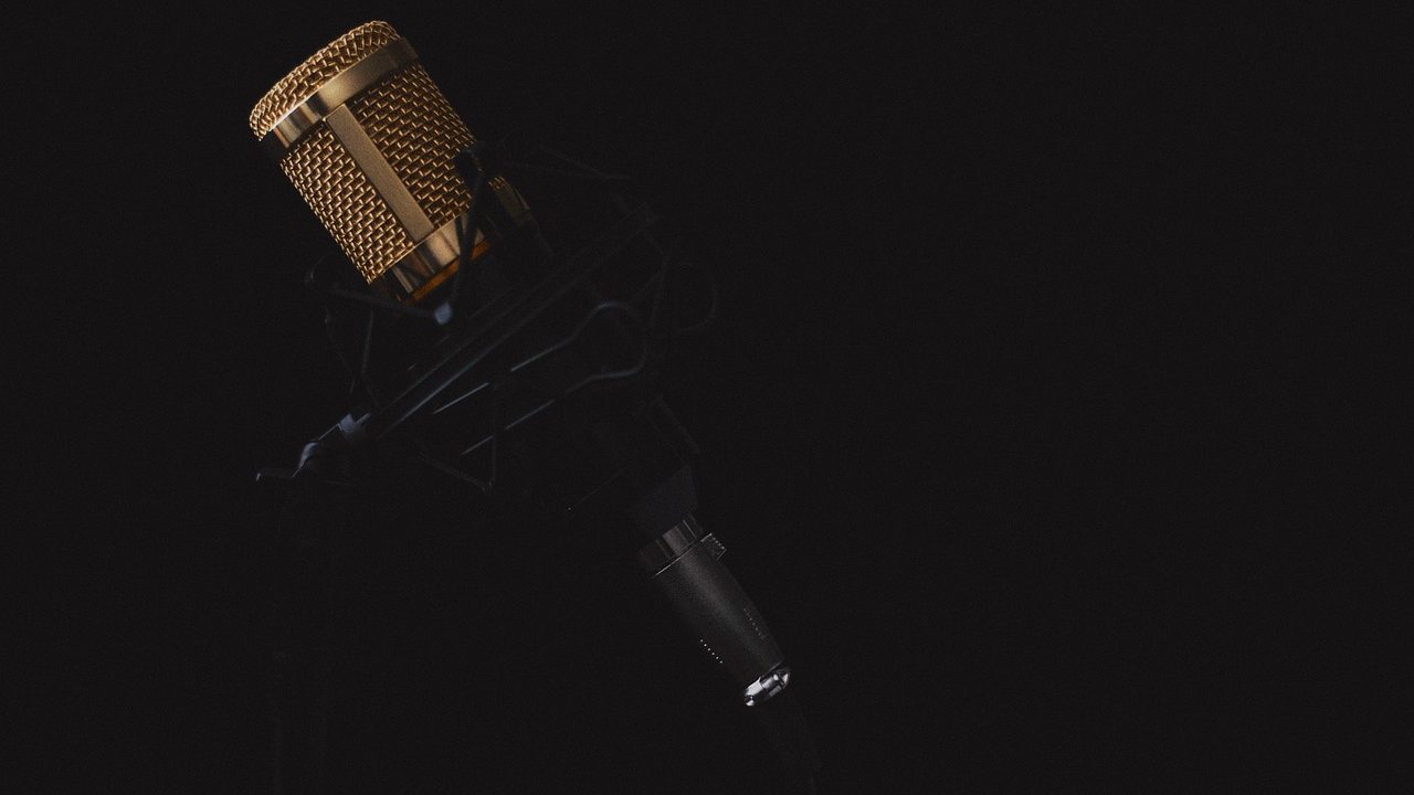 A professional podcast microphone in a broadcast studio with acoustic foam panels in the background.