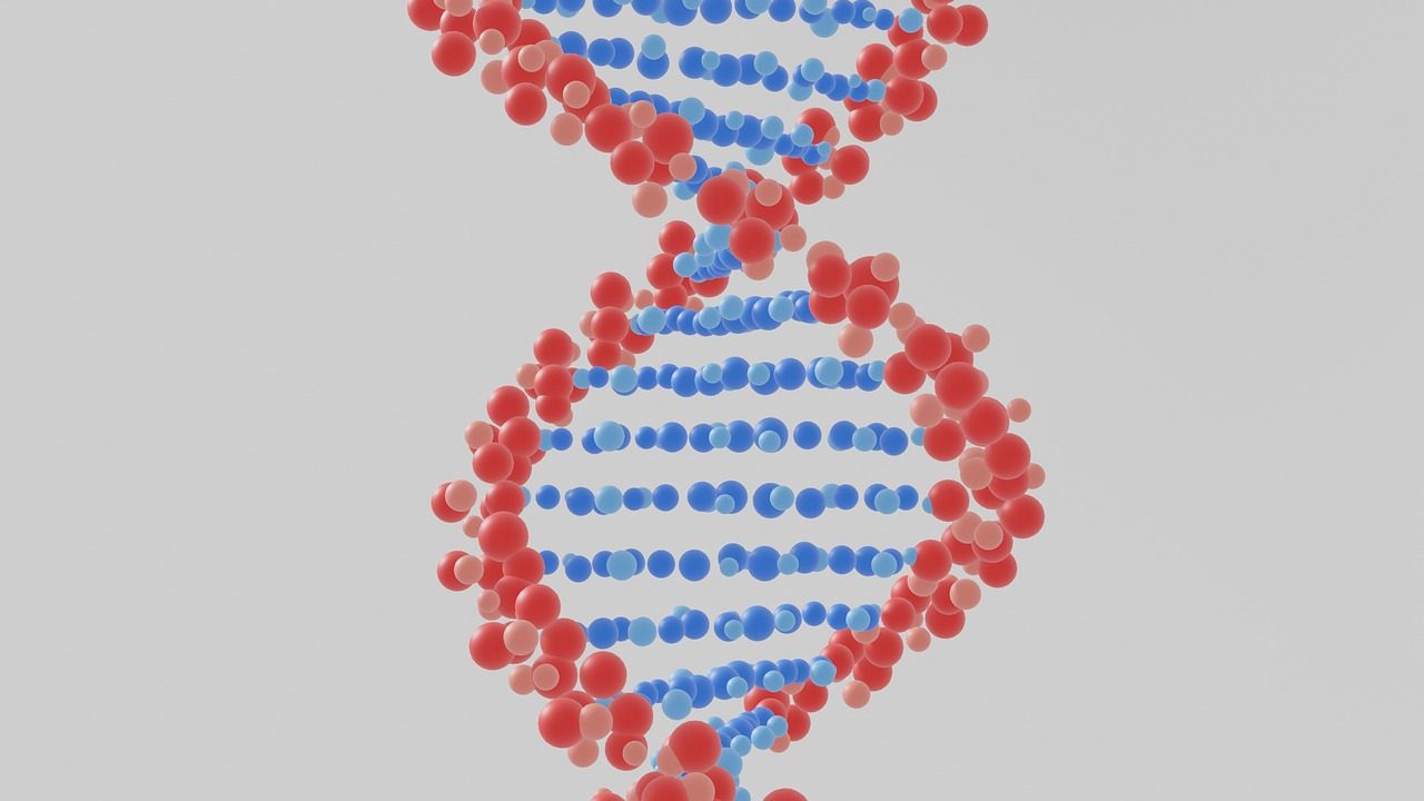 A glowing digital illustration of a DNA double helix strand against a dark background.
