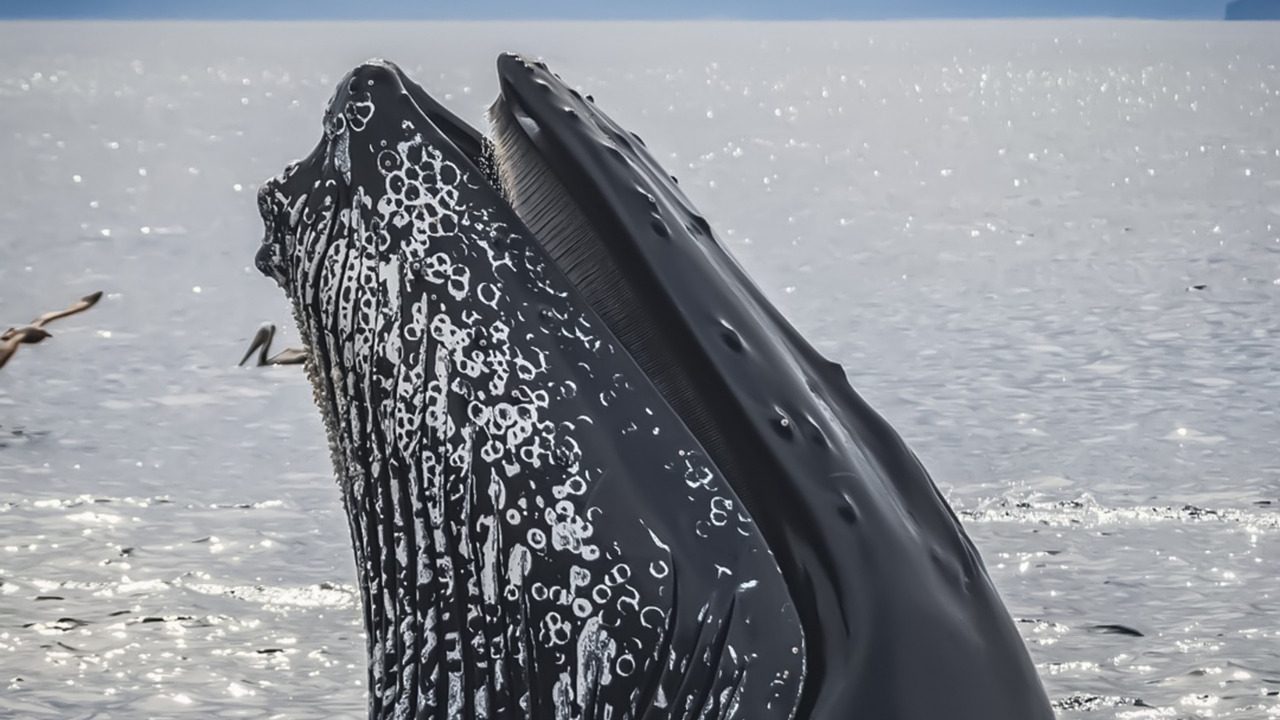 A humpback whale breaches near the ocean surface under a gray sky.