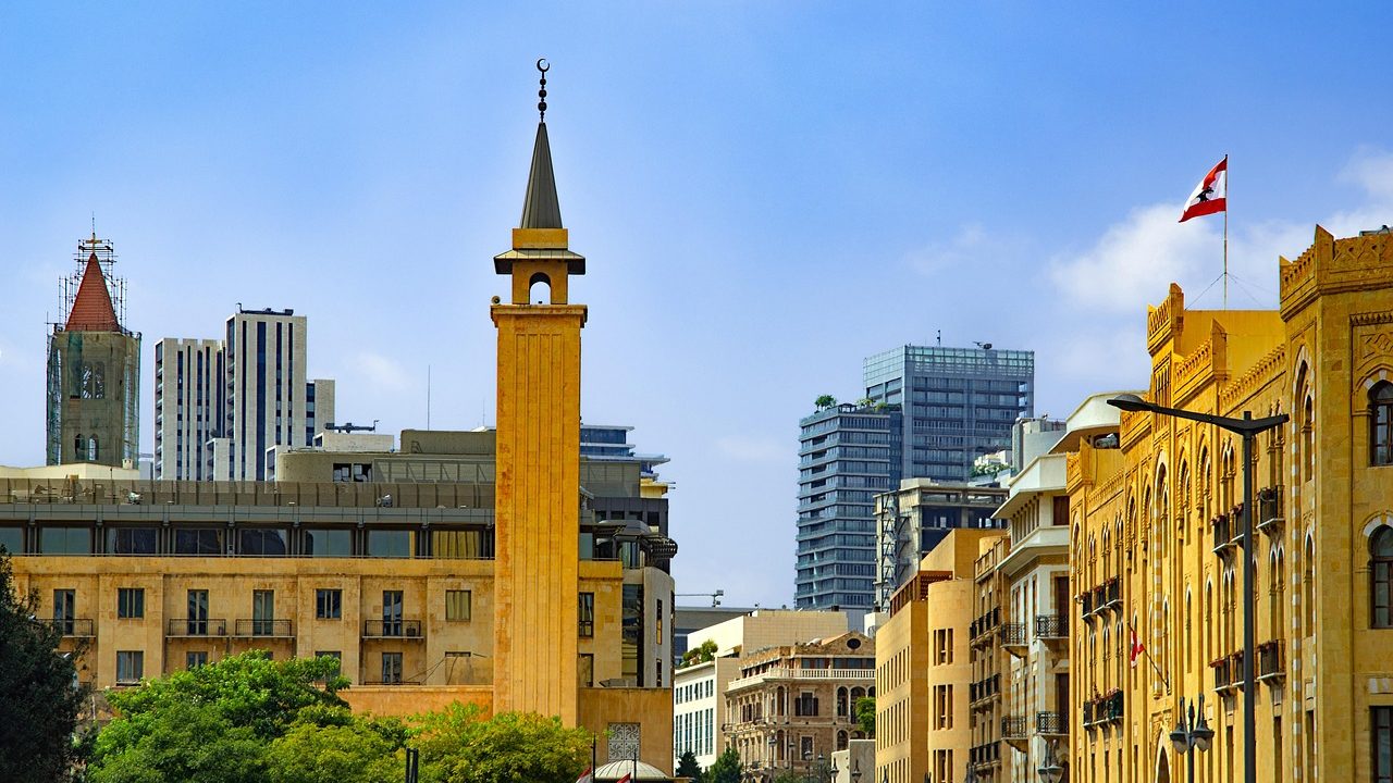 Aerial view of Beirut's urban skyline along the Mediterranean coast.