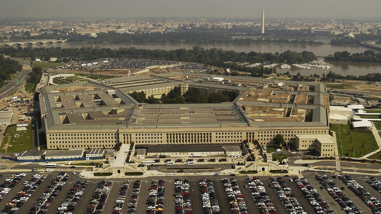 Aerial view of the Pentagon building and surrounding grounds.