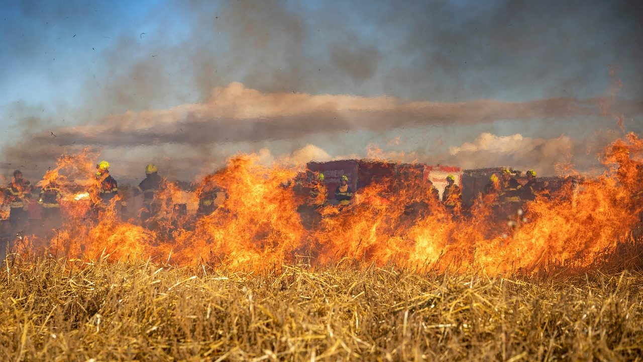 Dense orange smoke rises from a hillside engulfed in wildfire against a darkened sky.