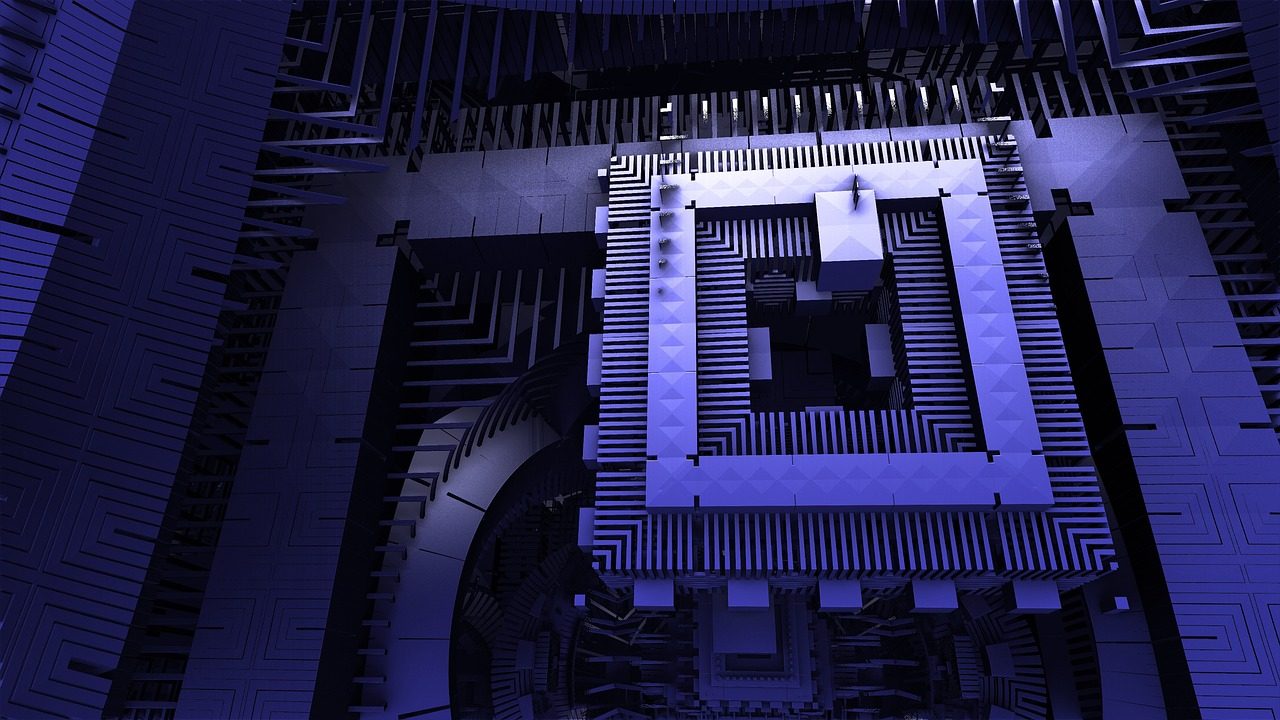 A cylindrical quantum computing processor hangs suspended inside a shining metal cryogenic housing.