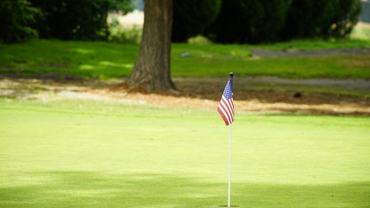 A manicured golf course green with a flag pin on a sunny afternoon.