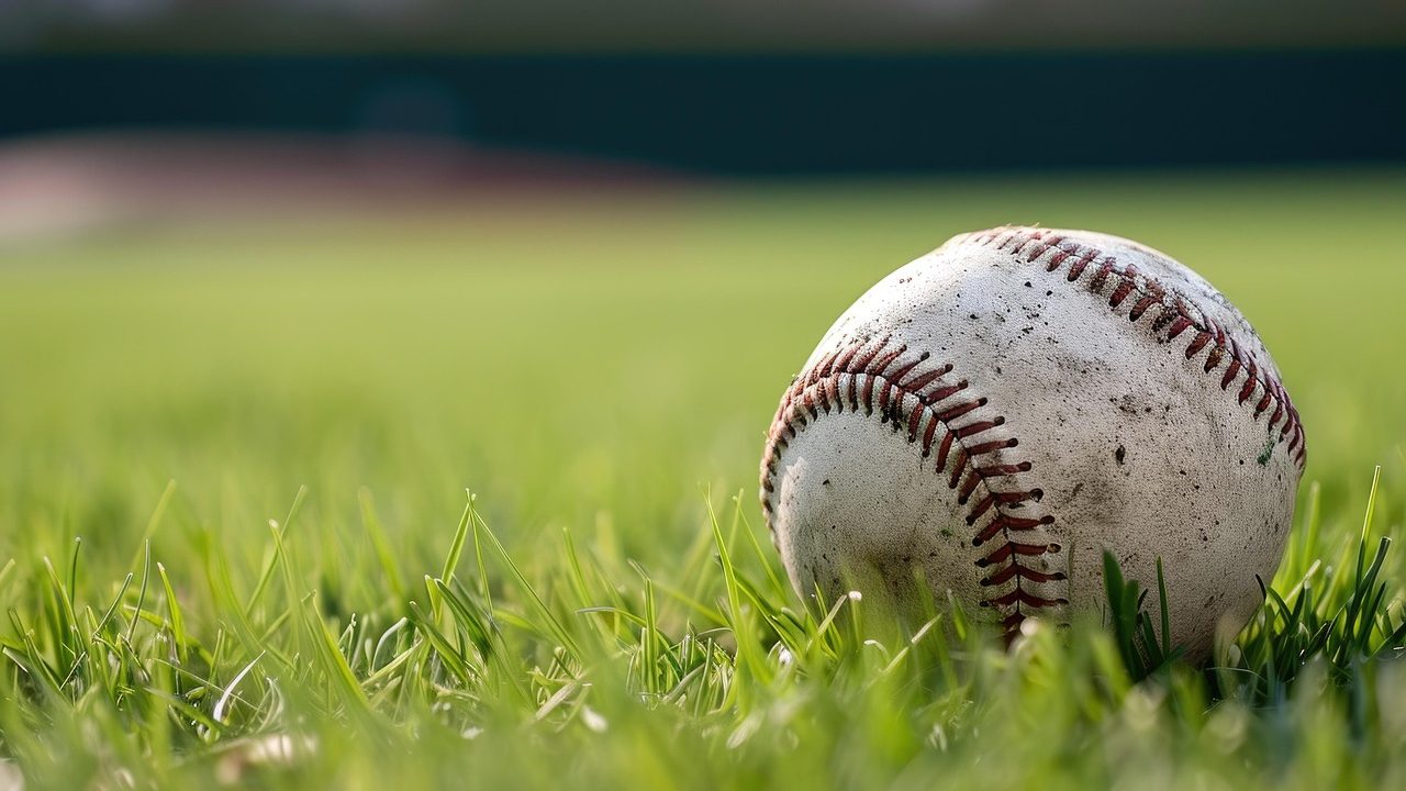 A baseball stadium glows under bright floodlights against a darkening evening sky.