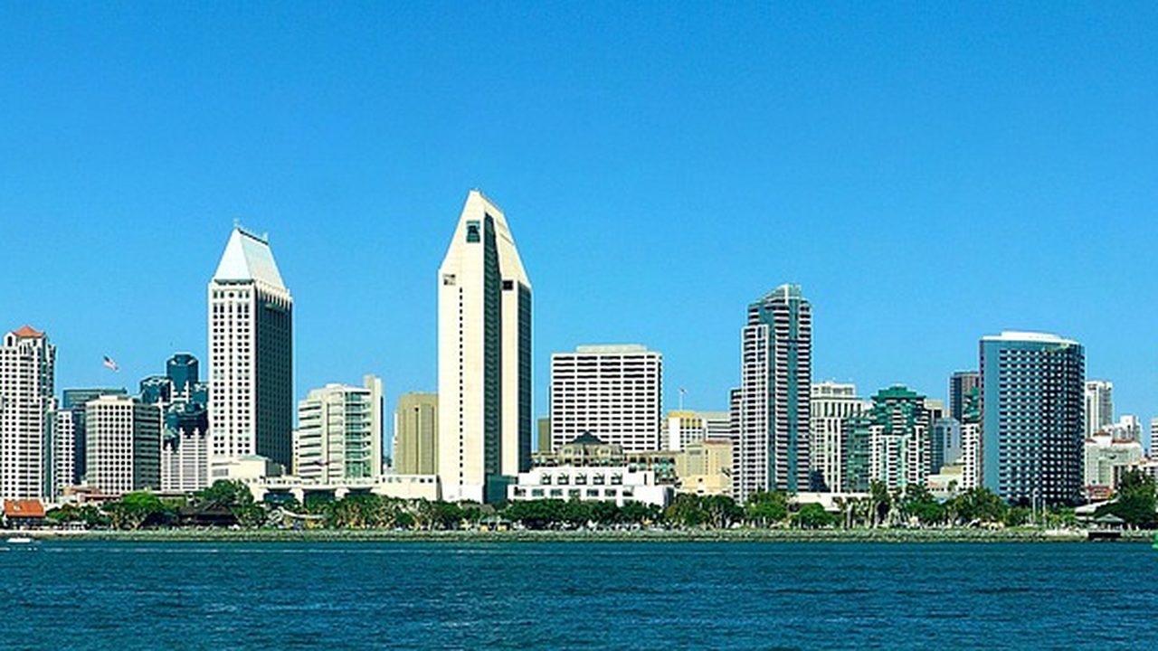 Panoramic view of a downtown waterfront skyline on a clear afternoon.