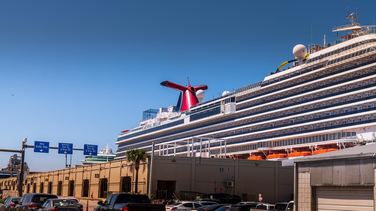 A large white cruise ship docked at a passenger terminal on a clear day.