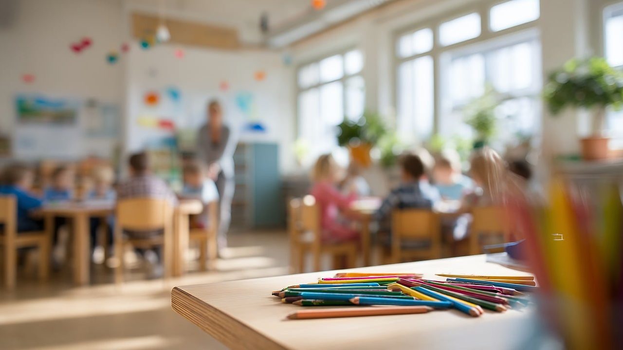 Young children seated at low tables in a colorful early childhood classroom.